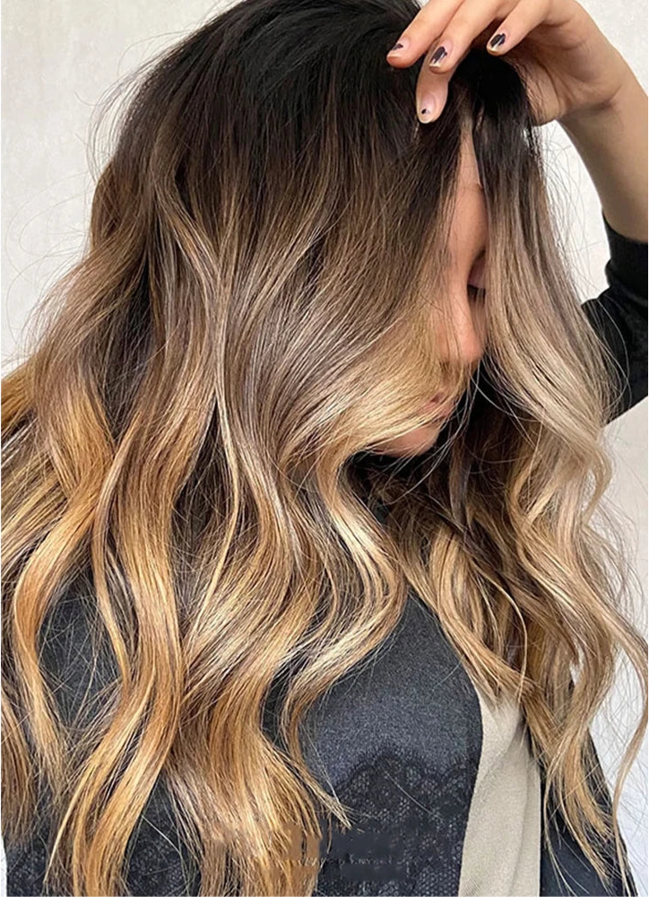 Vågig Balayage Peruk i Guldblond & Brun