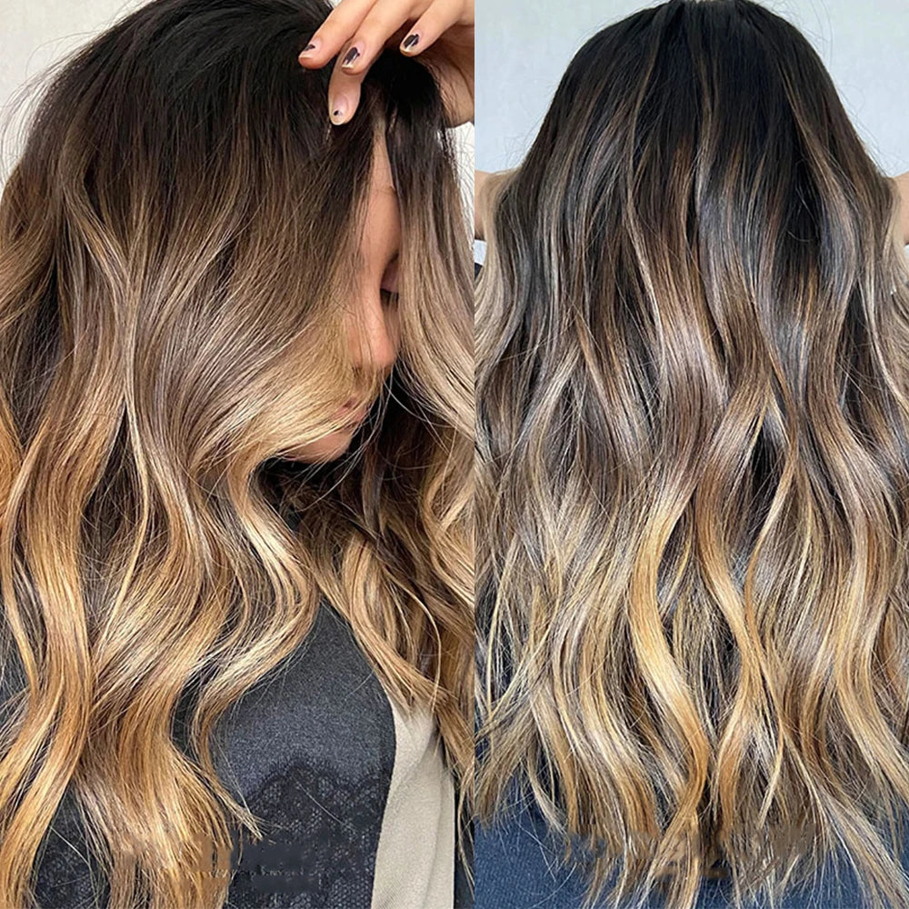 Vågig Balayage Peruk i Guldblond & Brun