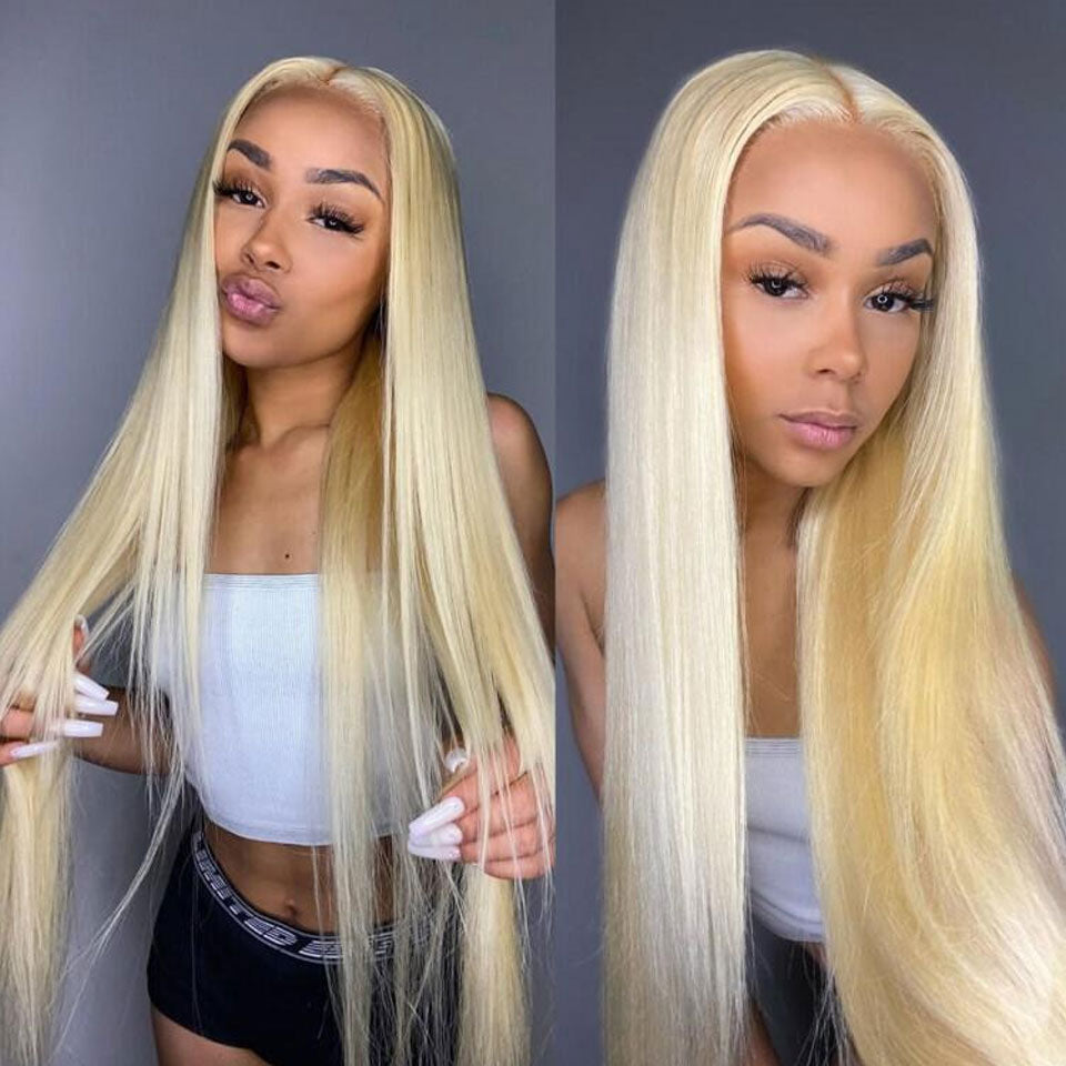 Blond Bone Straight HD Transparent Lace Front Peruk i Äkta Hår