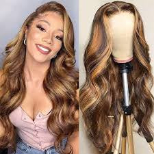 Honey Blonde Highlights Body Wave Lace Front Peruk i Äkta Hår – Klar att Använda
