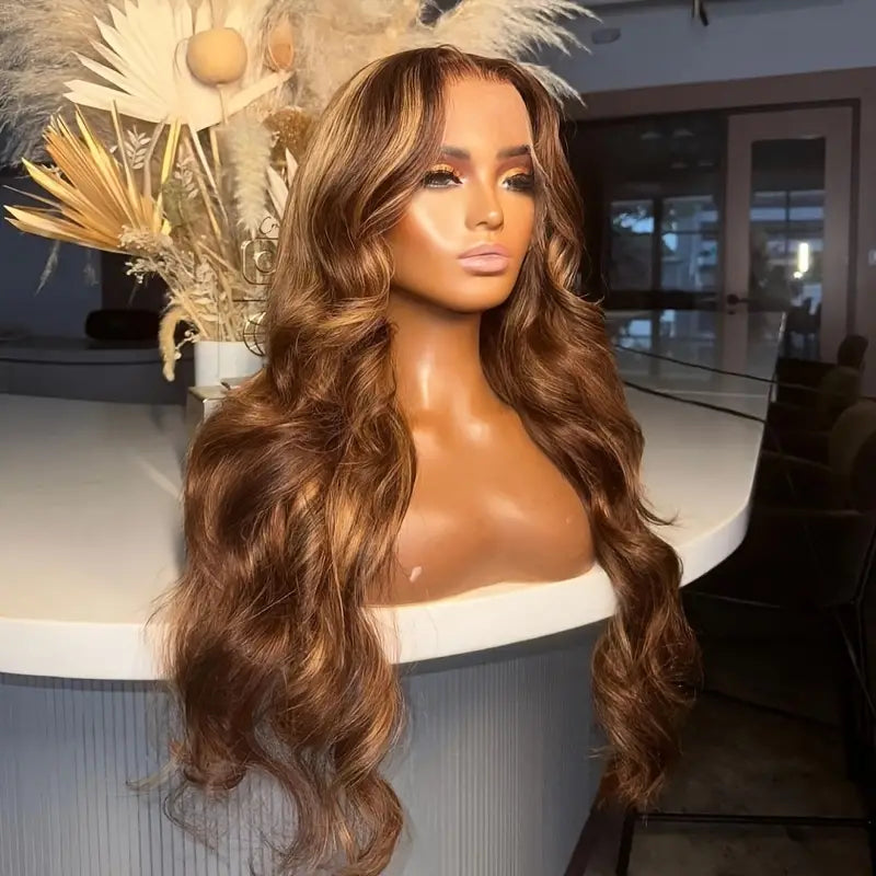 Honey Blonde Highlights Body Wave Lace Front Peruk i Äkta Hår – Klar att Använda