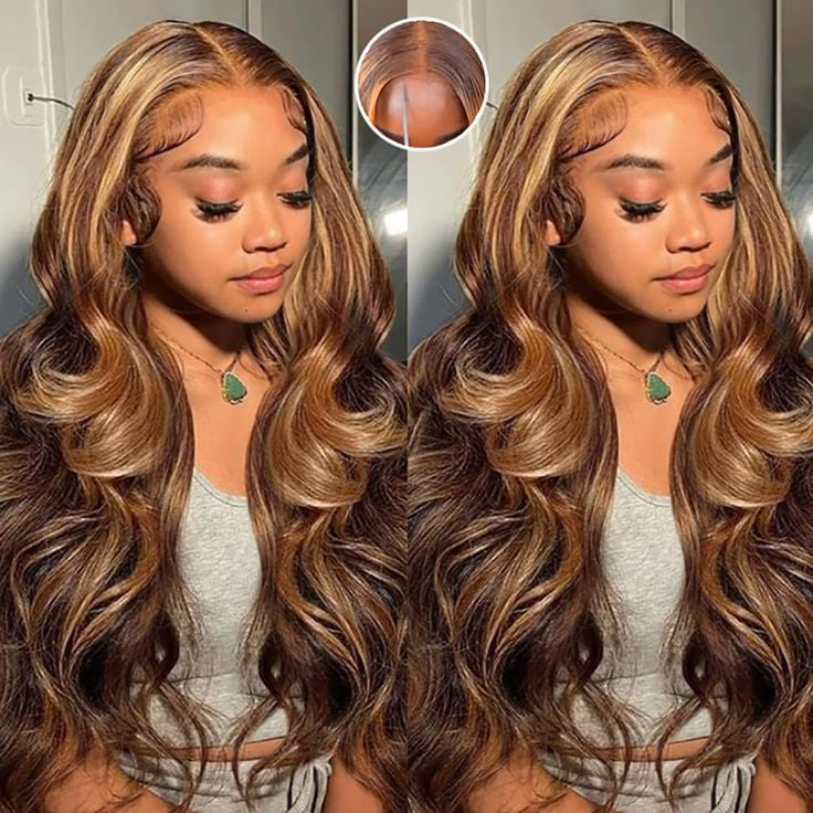 Honey Blonde Highlights Body Wave Lace Front Peruk i Äkta Hår – Klar att Använda