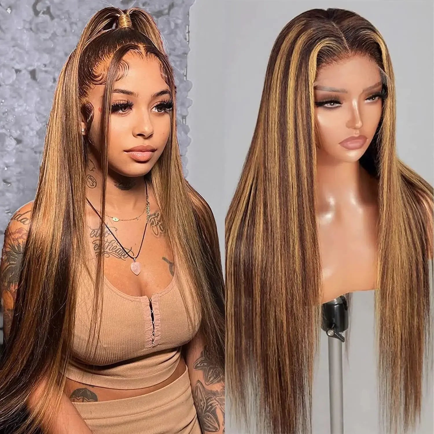 Honey Blonde Highlights Rak Lace Front Peruk i Äkta Hår – Klar att Använda