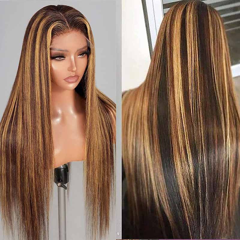 Honey Blonde Highlights Rak Lace Front Peruk i Äkta Hår – Klar att Använda
