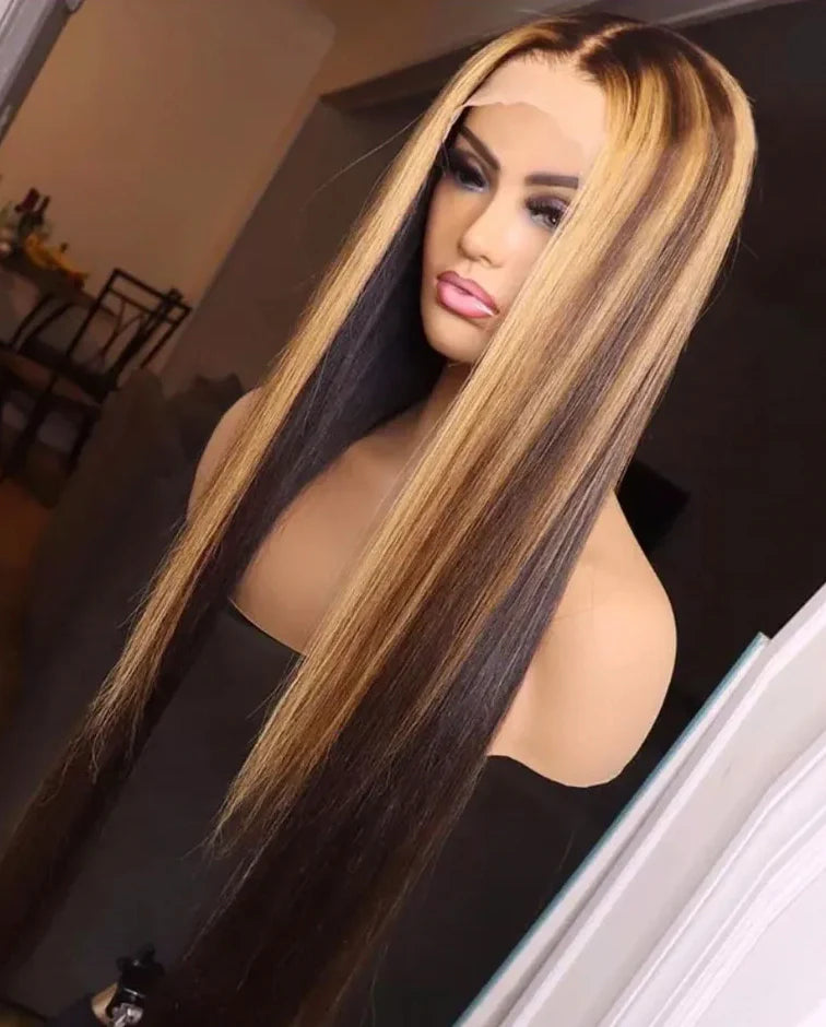 Honey Blonde Highlights Rak Lace Front Peruk i Äkta Hår – Klar att Använda