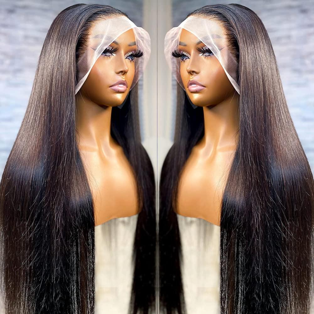 Svart Rak Peruk i Äkta Hår med HD Transparent Lace Front