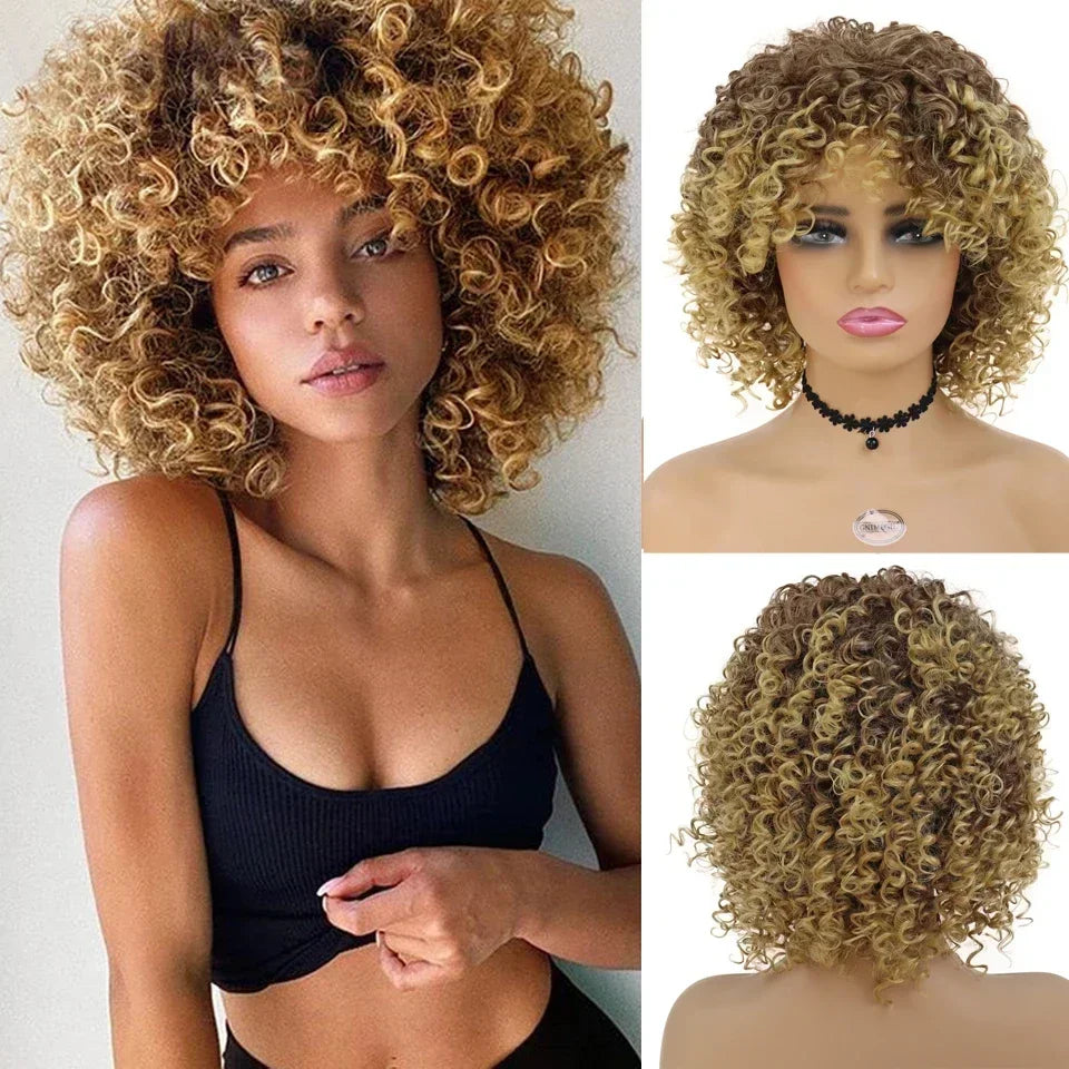 Kort Lockig Peruk – Naturlig Look med Lugg Ombre Brun & Blond