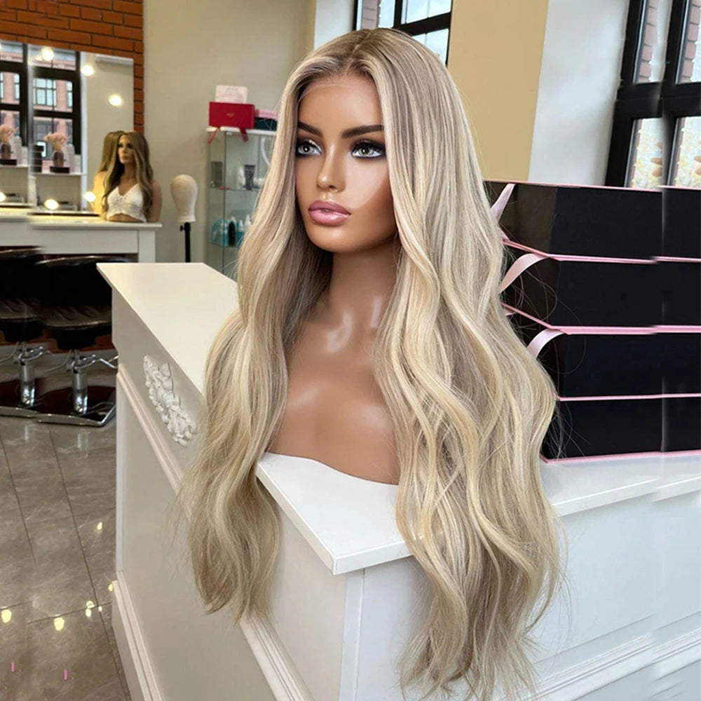 Lyxig Varm Blond Peruk Med Naturliga Rötter och Lätt Vågigt Premium Human Hair, HD Lace Front