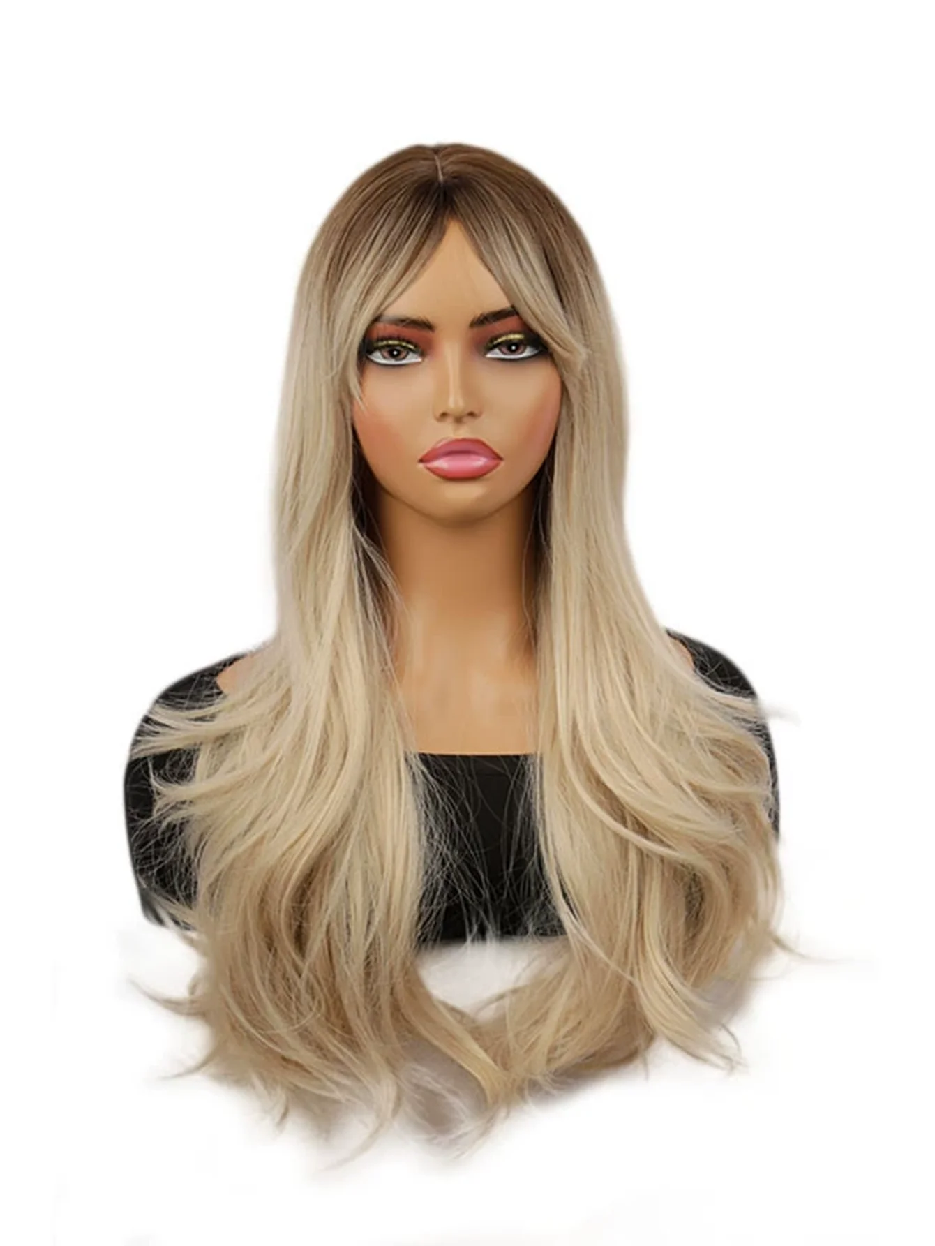 Blond Syntetperuk med Mjuka Vågor & Lugg