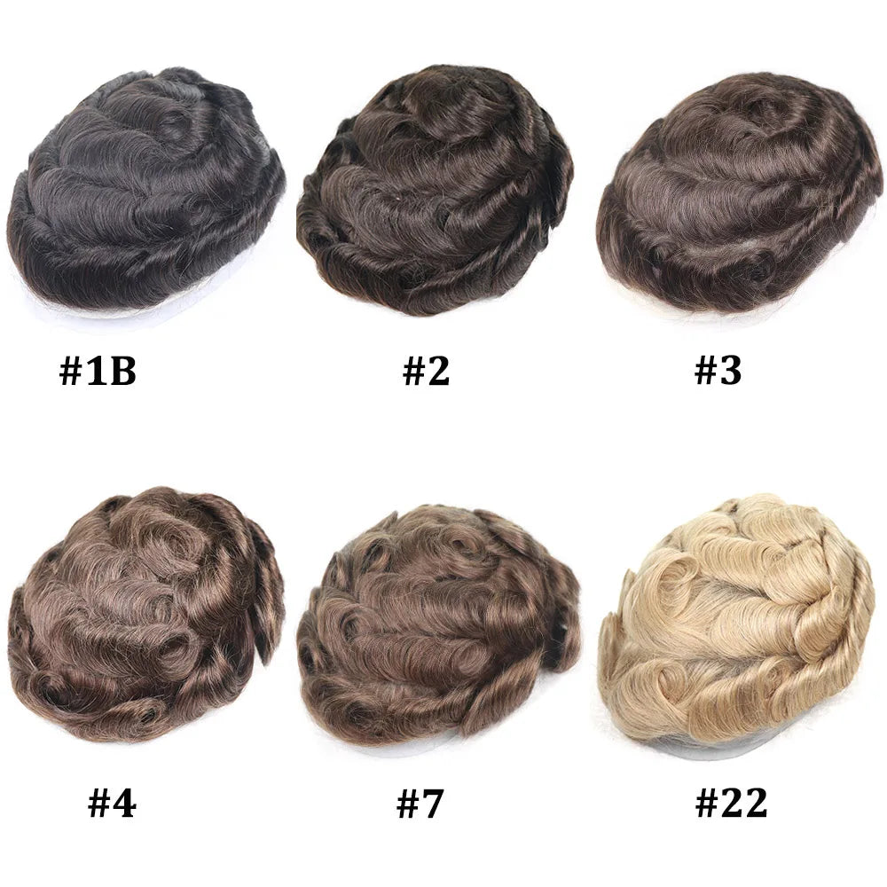 Herrperuk – Capillär Protes i Tunt Skinn (0.08 mm), 100% Äkta Mänskligt Hår, 6 hårfärger