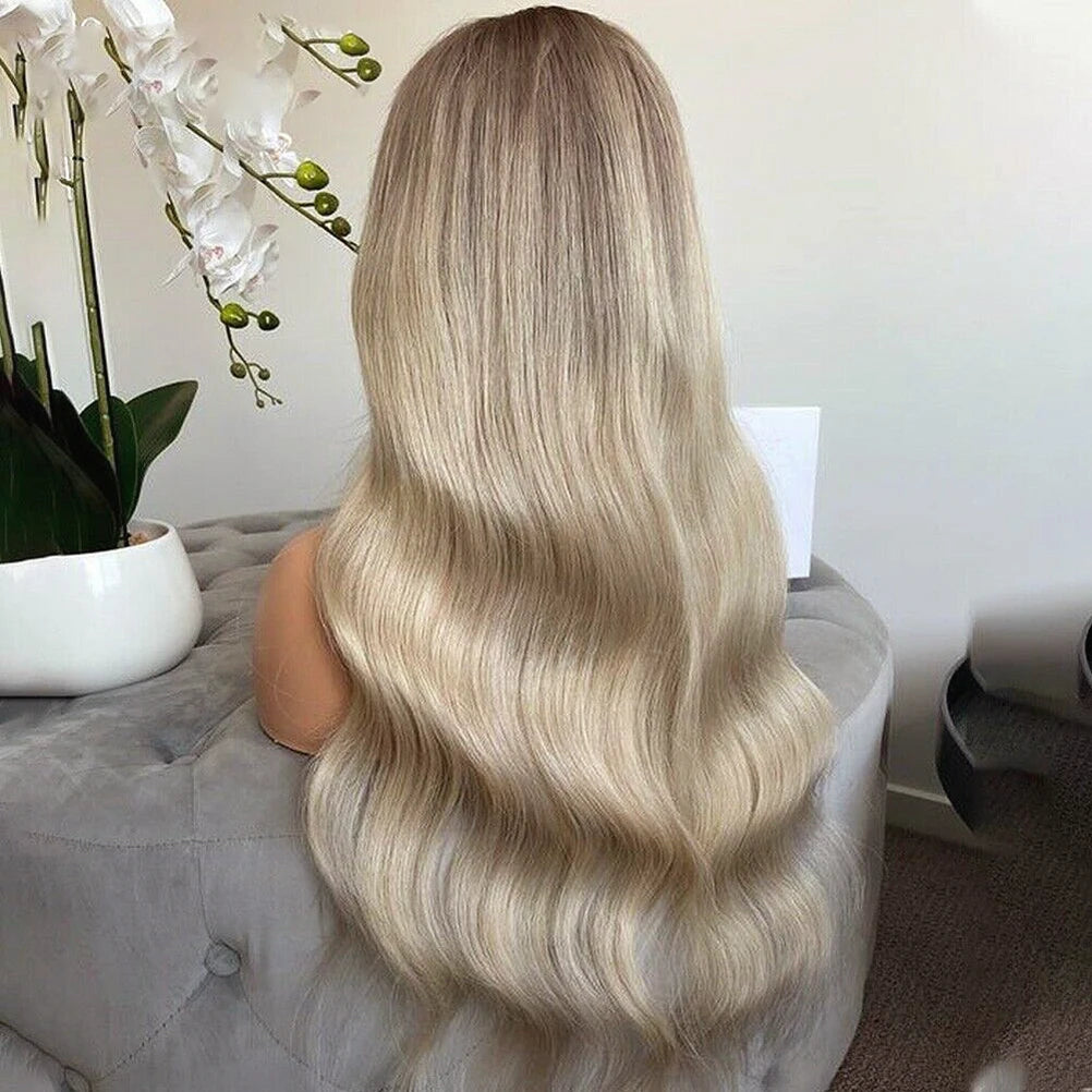 Ash Blonde Bruna Highlights Lace Front Peruk i Äkta Mänskligt Hår - Body Wave