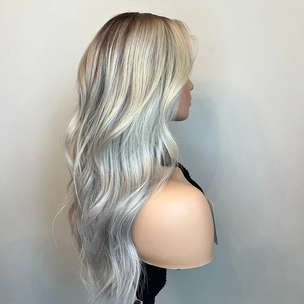 Balayage White Silver Blonde Dark Brown Roots Wig