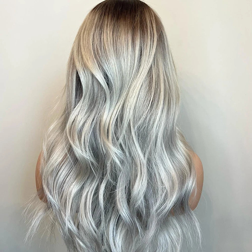 Balayage White Silver Blonde Dark Brown Roots Wig