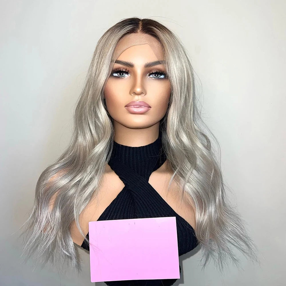 Balayage White Silver Blonde Dark Brown Roots Wig