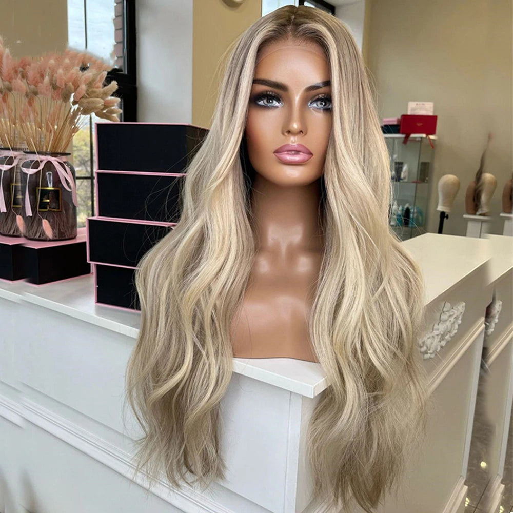 Lyxig Varm Blond Peruk Med Naturliga Rötter och Lätt Vågigt Premium Human Hair, HD Lace Front