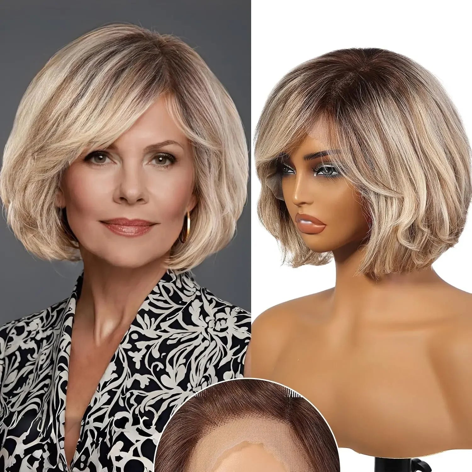 Kort Vågig Bob peruker med Lugg – Äkta Hår, HD Lace Front, Blonde Highlights, 5 nyanser