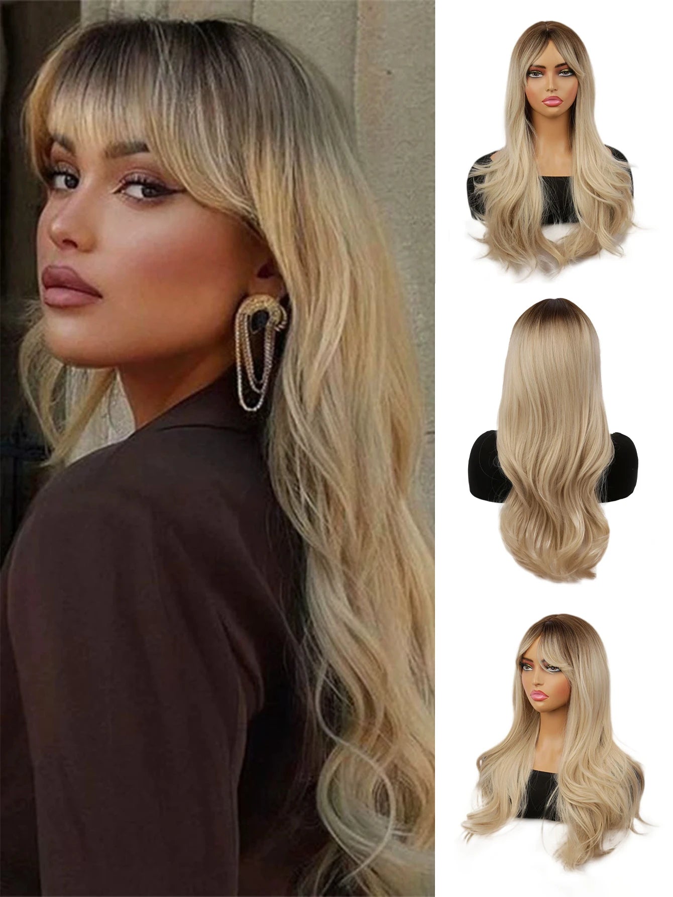 Blond Syntetperuk med Mjuka Vågor & Lugg