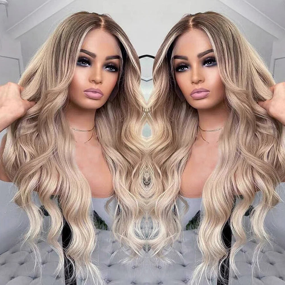 Ash Blonde Bruna Highlights Lace Front Peruk i Äkta Mänskligt Hår - Body Wave