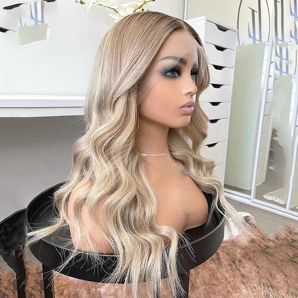Ash Blonde Bruna Highlights Lace Front Peruk i Äkta Mänskligt Hår - Body Wave