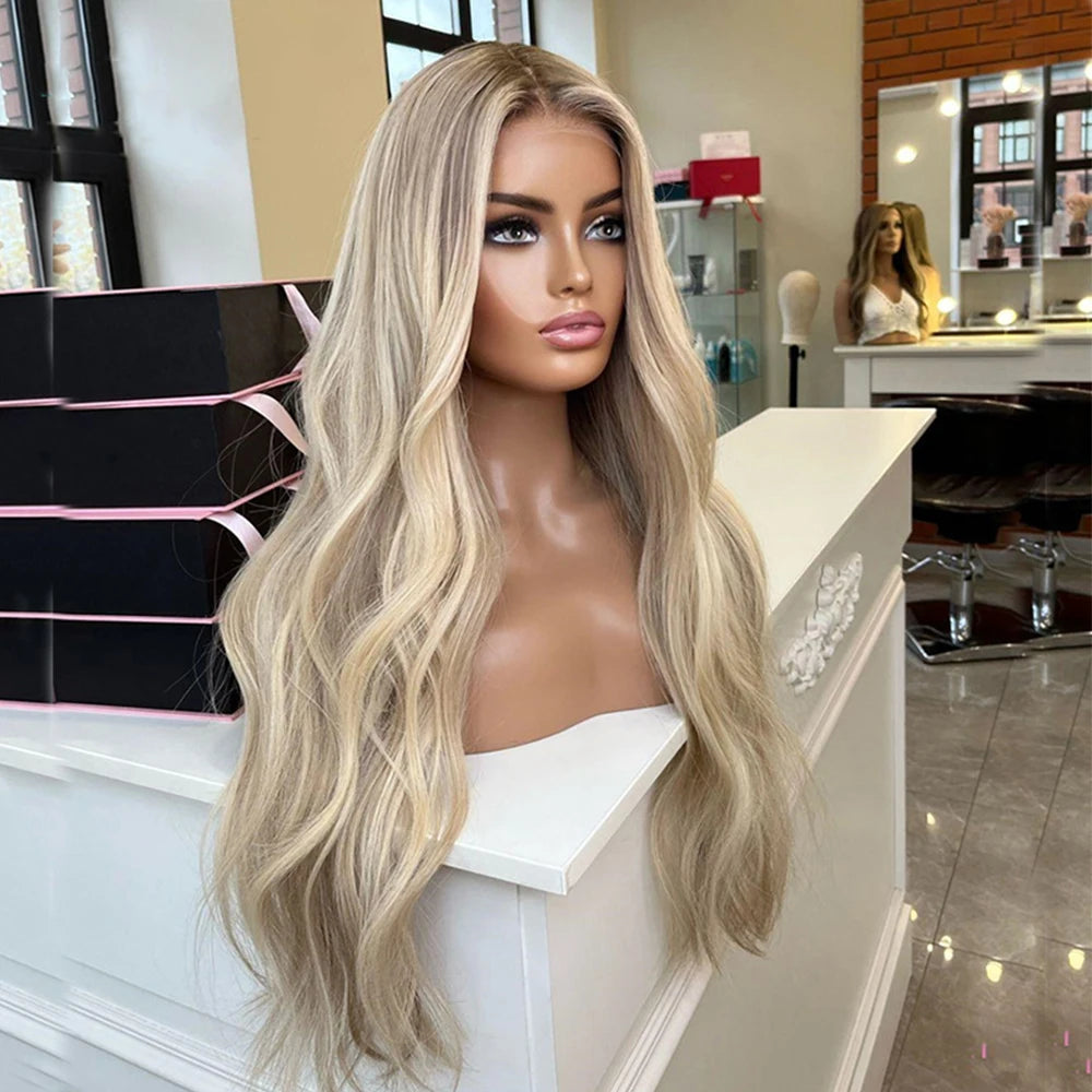 Lyxig Varm Blond Peruk Med Naturliga Rötter och Lätt Vågigt Premium Human Hair, HD Lace Front