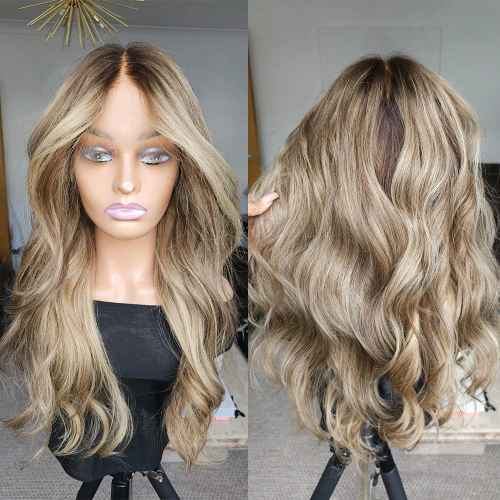 Varma blonda slingor mörk balayage Peruk