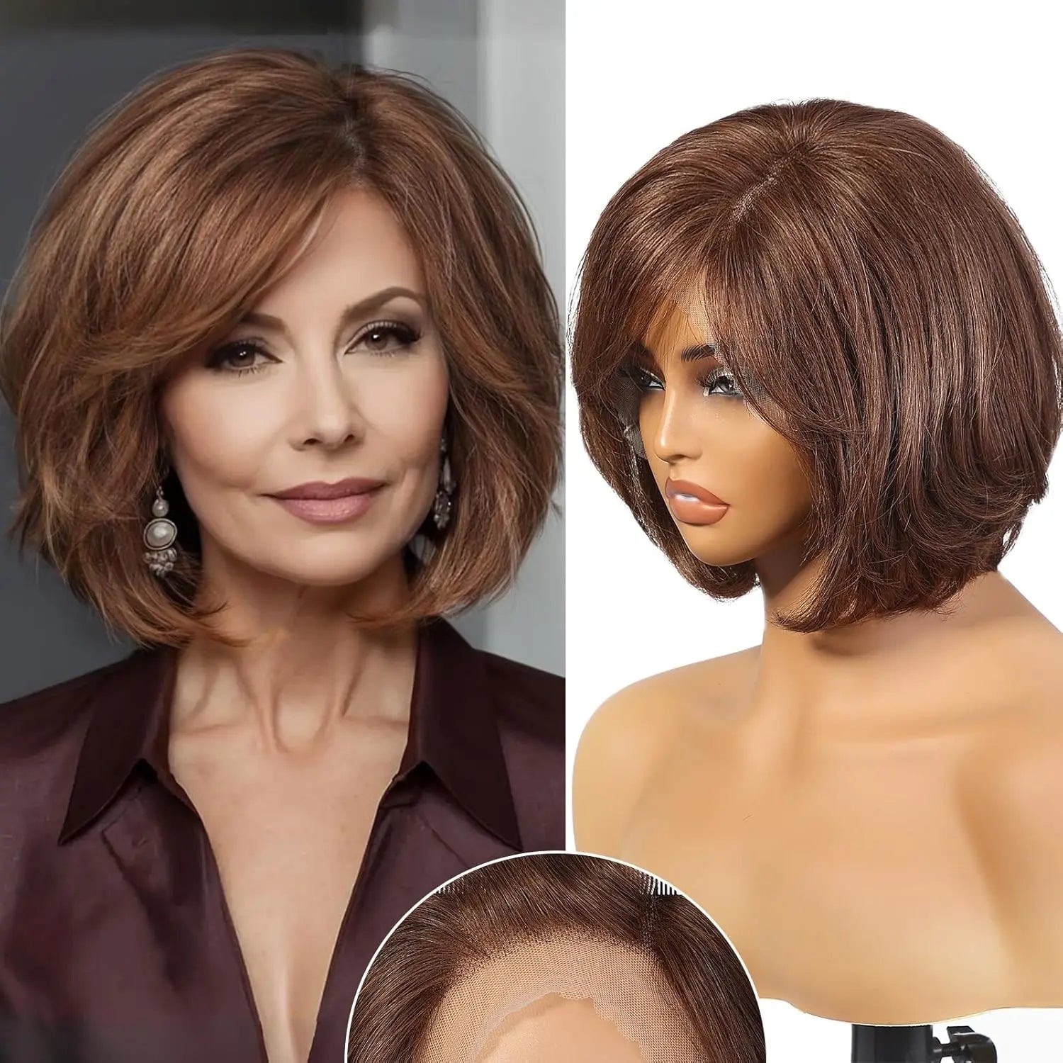 Kort Vågig Bob peruker med Lugg – Äkta Hår, HD Lace Front, Blonde Highlights, 5 nyanser