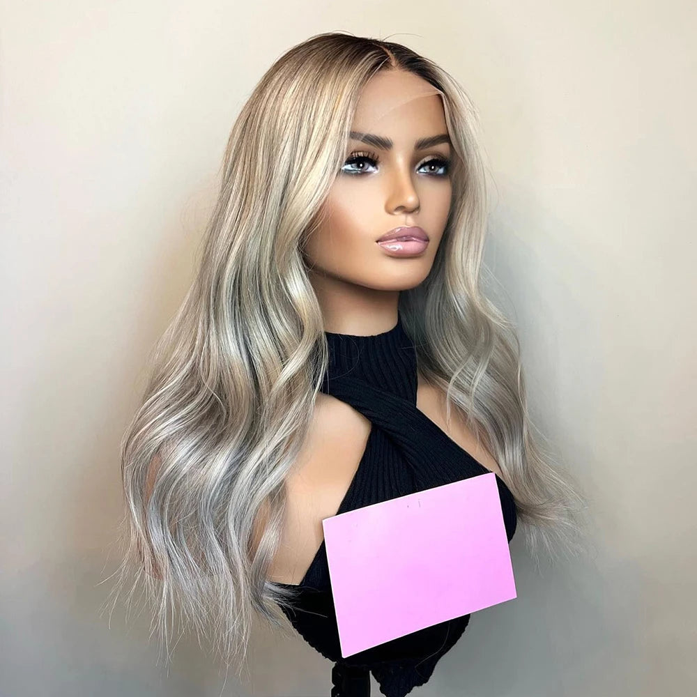 Balayage White Silver Blonde Dark Brown Roots Wig