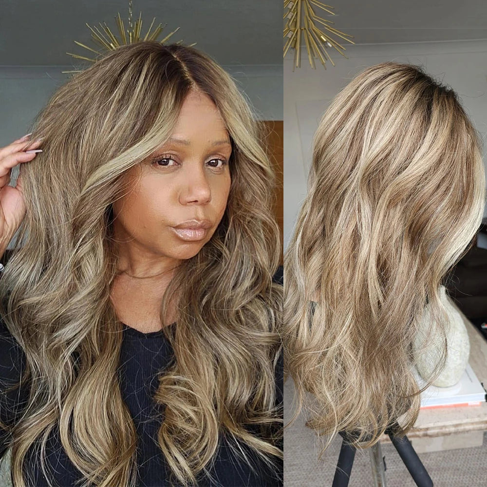 Varma blonda slingor mörk balayage Peruk