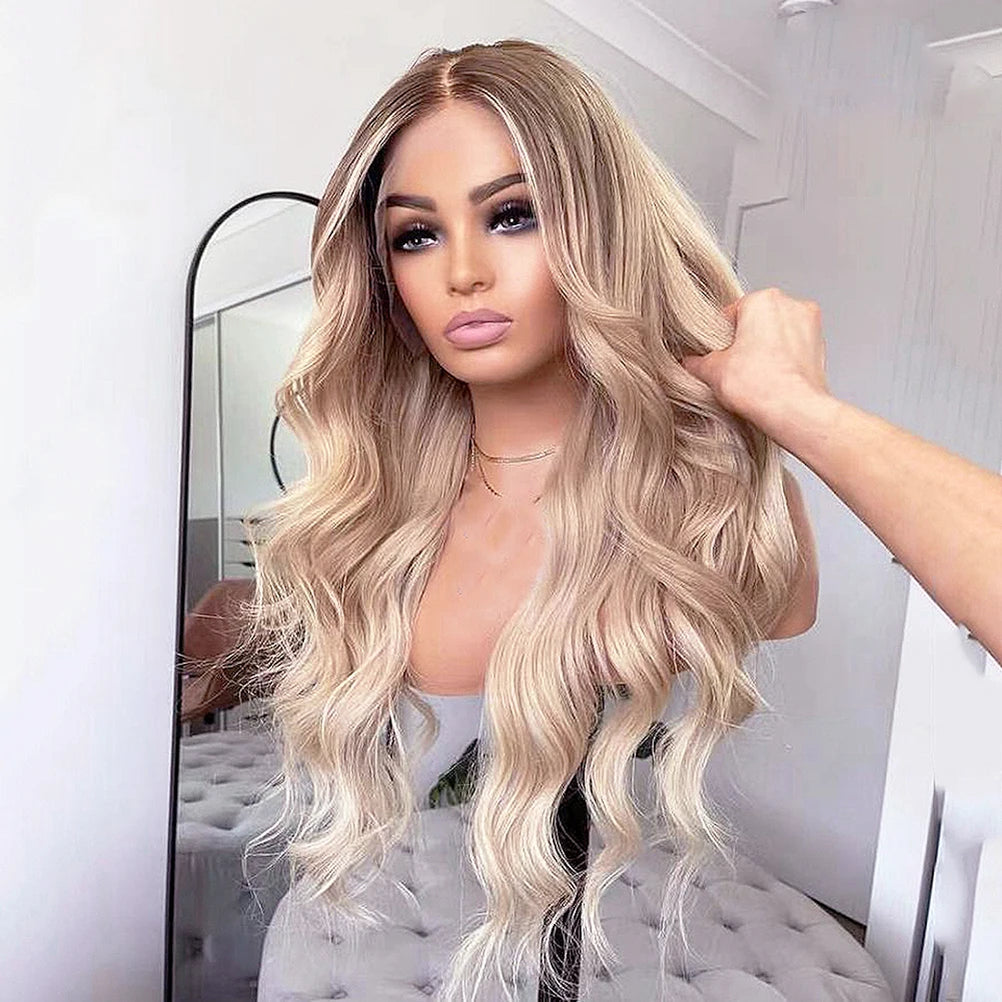 Ash Blonde Bruna Highlights Lace Front Peruk i Äkta Mänskligt Hår - Body Wave