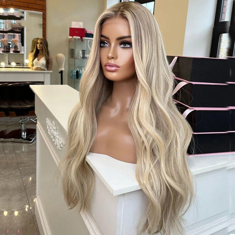 Lyxig Varm Blond Peruk Med Naturliga Rötter och Lätt Vågigt Premium Human Hair, HD Lace Front