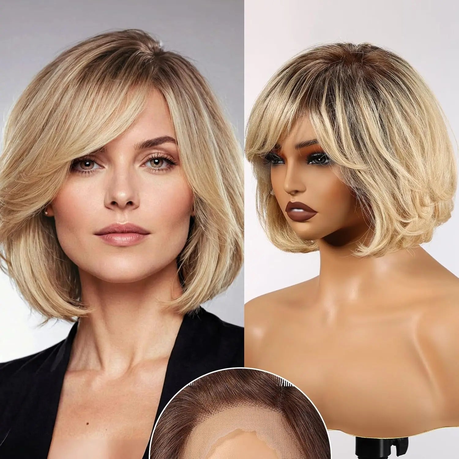 Kort Vågig Bob peruker med Lugg – Äkta Hår, HD Lace Front, Blonde Highlights, 5 nyanser
