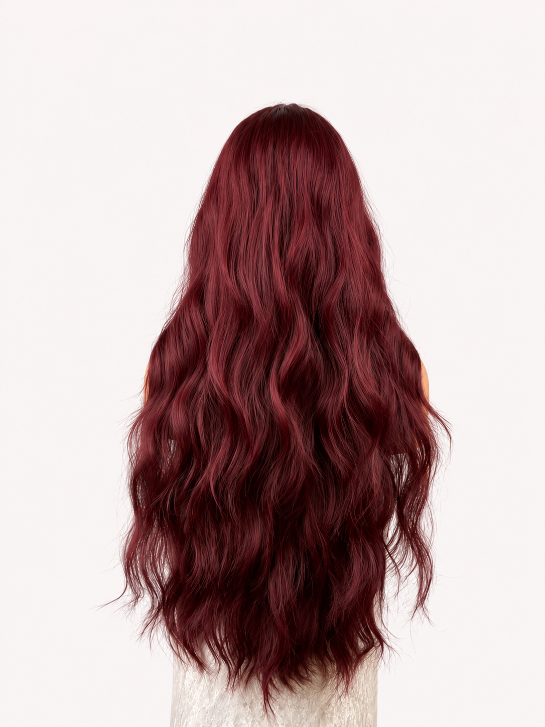 Verklighetstrogen vinröd Burgundy Bordeaux syntetisk peruk med långa vågiga längder bakifrån från HairCrushStore